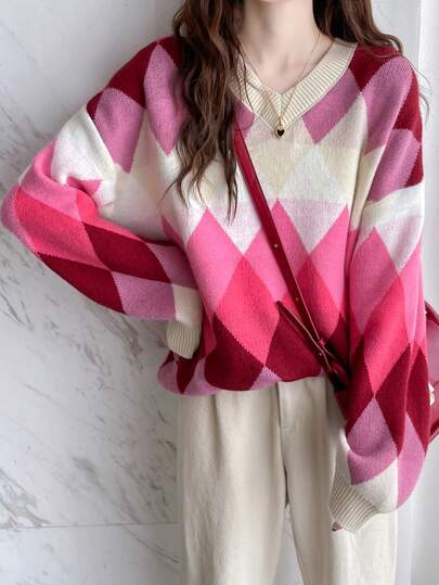 幾何格紋格紋落肩袖超大毛衣