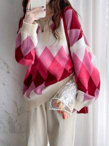 幾何格紋格紋落肩袖超大毛衣