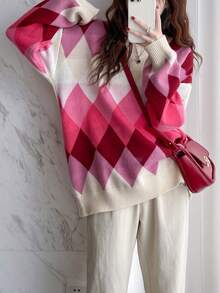 幾何格紋格紋落肩袖超大毛衣