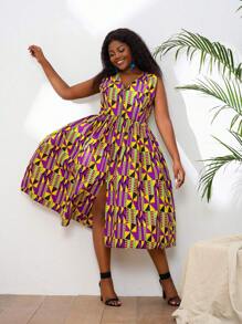 Allover Geo Print Zip Front Dress - Multicolor - View 1