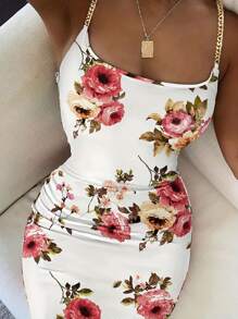 Vestido de tirantes con estampado floral con diseño de cadena - Blanco - Ver 1