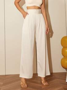 優雅口袋 拉鍊 褶皺面料純色女士長褲 - 杏色 - 查看 1