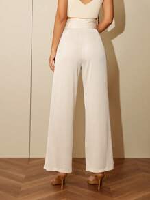 優雅口袋 拉鍊 褶皺面料純色女士長褲 - 杏色 - 查看 2