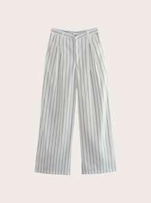 Striped Print Wide Leg Pants - White - View 1