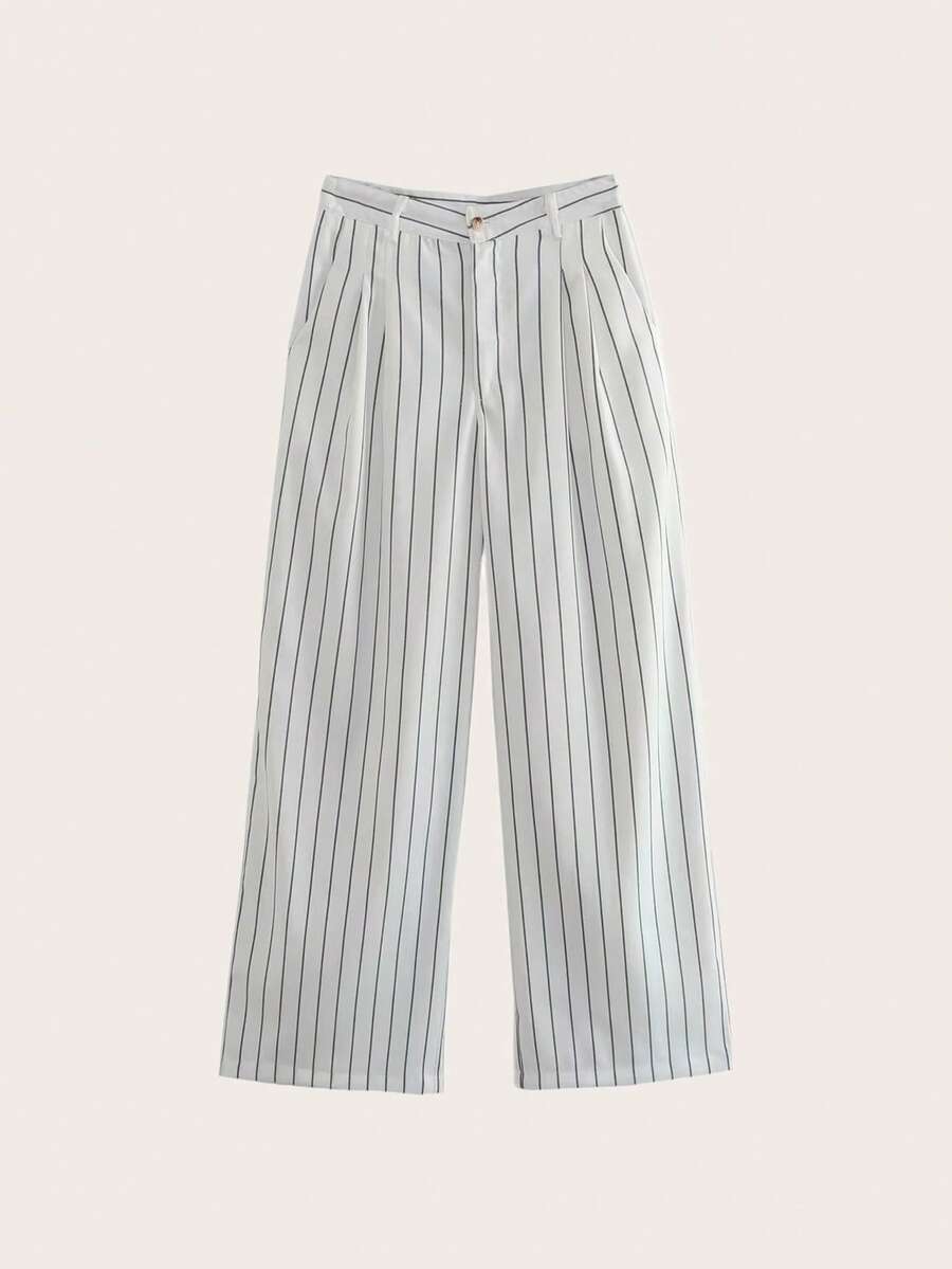 Striped Print Wide Leg Pants - White - View 1