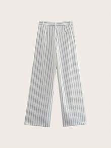 Striped Print Wide Leg Pants - White - View 2