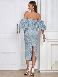 Off Shoulder Puff Sleeve Split Back Floral Jacquard Dress - Dusty Blue - View 2