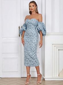 Off Shoulder Puff Sleeve Split Back Floral Jacquard Dress - Dusty Blue - View 3