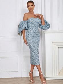 Off Shoulder Puff Sleeve Split Back Floral Jacquard Dress - Dusty Blue - View 5