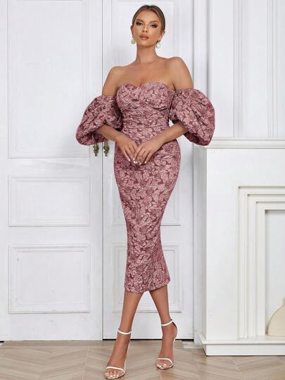Axelfri Puff Ärm Blommigt Jacquard Bodycon Klänning