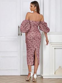 一字肩泡泡袖花卉圖案提花緊身洋裝