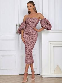 一字肩泡泡袖花卉圖案提花緊身洋裝