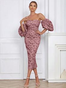 一字肩泡泡袖花卉圖案提花緊身洋裝