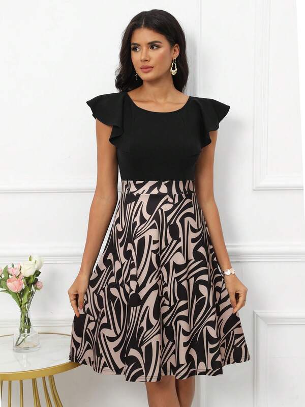 Graphic Print Butterfly Sleeve Dress
