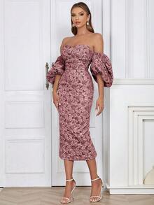 一字肩泡泡袖花卉圖案提花緊身洋裝