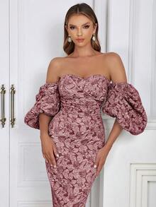 一字肩泡泡袖花卉圖案提花緊身洋裝