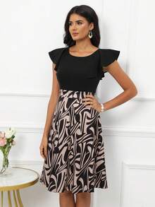 Graphic Print Butterfly Sleeve Dress - Apricot - View 3