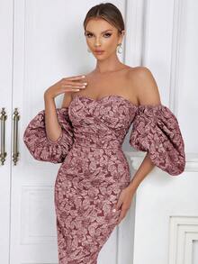 一字肩泡泡袖花卉圖案提花緊身洋裝