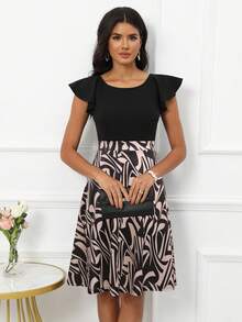 Graphic Print Butterfly Sleeve Dress - Apricot - View 4