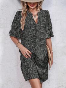 Breezaya 滿版印花荷葉袖洋裝 - 黑色 - 查看 3