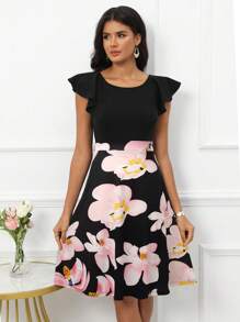 印花蝴蝶袖洋裝 - 黑色 - 查看 1