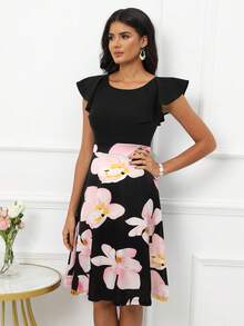 印花蝴蝶袖洋裝 - 黑色 - 查看 3