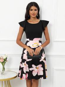 印花蝴蝶袖洋裝 - 黑色 - 查看 4