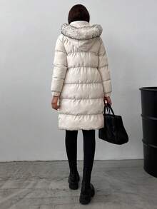 EURMUSE Zip Up Fuzzy Trim Hooded Puffer Coat - Apricot - View 2