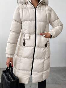 EURMUSE Zip Up Fuzzy Trim Hooded Puffer Coat - Apricot - View 4