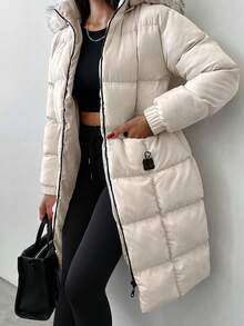 EURMUSE Zip Up Fuzzy Trim Hooded Puffer Coat - Apricot - View 5