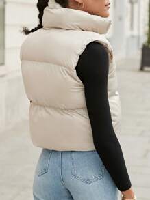 EURMUSE Drawstring Hem Zipper Vest Puffer Coat - Beige - View 2
