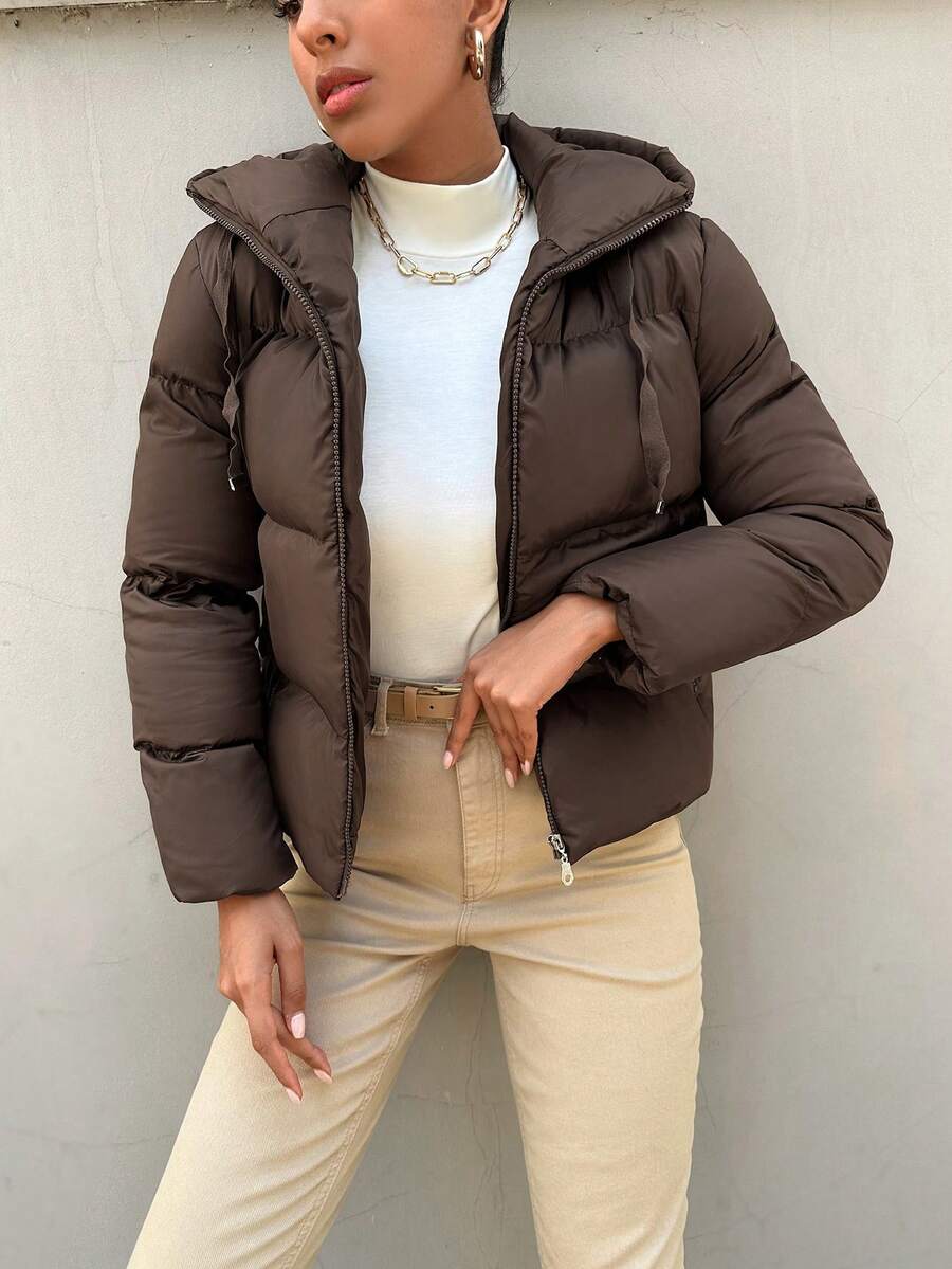 EURMUSE Solid Zip Up Drawstring Hooded Puffer Coat - Coffee Brown - View 1