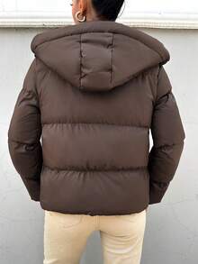 EURMUSE Solid Zip Up Drawstring Hooded Puffer Coat - Coffee Brown - View 2