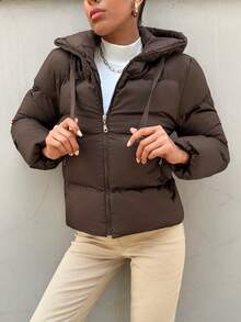 EURMUSE Solid Zip Up Drawstring Hooded Puffer Coat - Coffee Brown - View 3