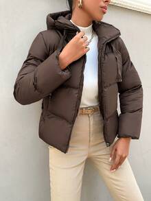 EURMUSE Solid Zip Up Drawstring Hooded Puffer Coat - Coffee Brown - View 4