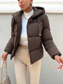 EURMUSE Solid Zip Up Drawstring Hooded Puffer Coat - Coffee Brown - View 5