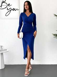 EURMUSE Solid Ruched Wrap Hem Dress - Navy Blue - View 1