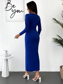 EURMUSE Solid Ruched Wrap Hem Dress - Navy Blue - View 2