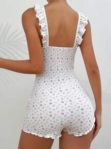 碎花荷葉邊前蝴蝶結吊帶連體短褲 - 白色 - 查看 2