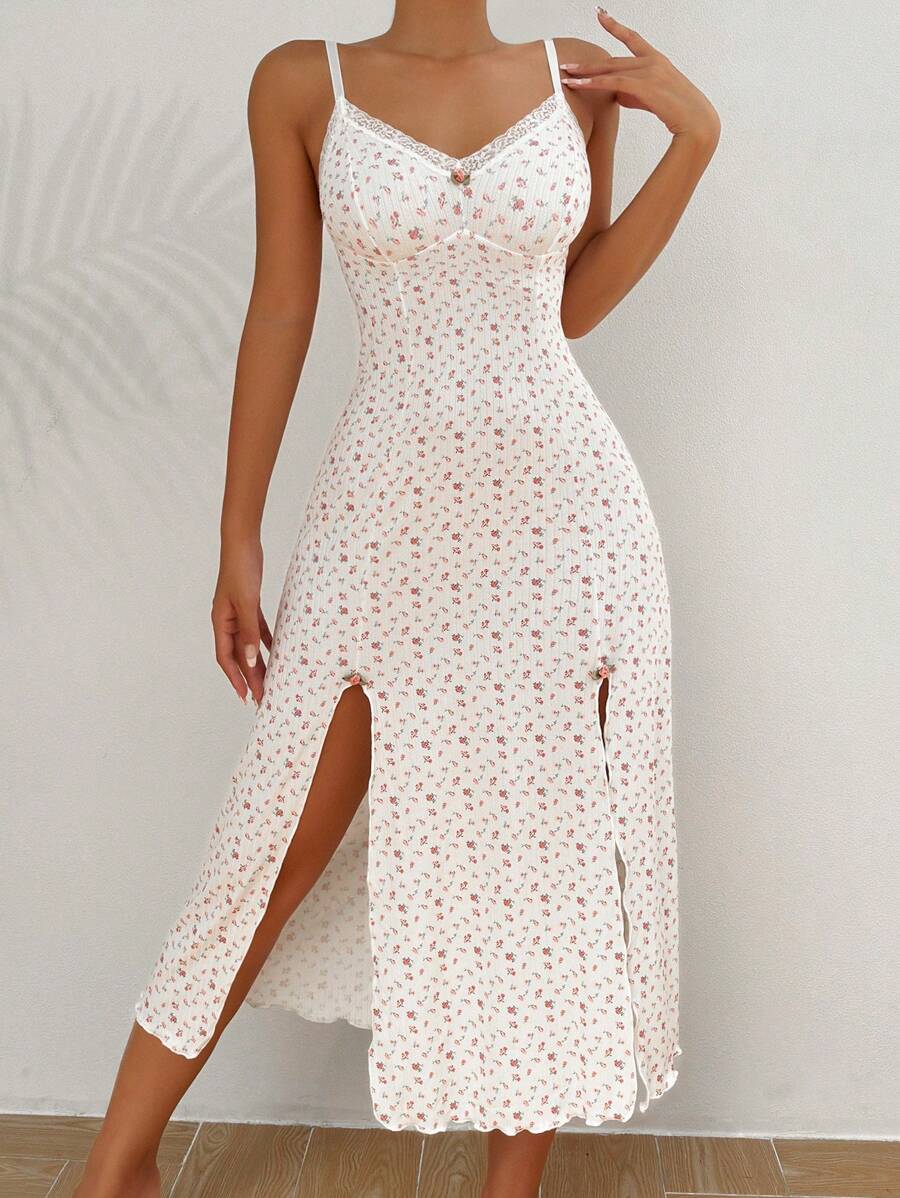 CottageSlumber 小碎花印花开叉大腿吊带睡衣长款睡裙