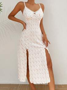 CottageSlumber 小碎花印花开叉大腿吊带睡衣长款睡裙