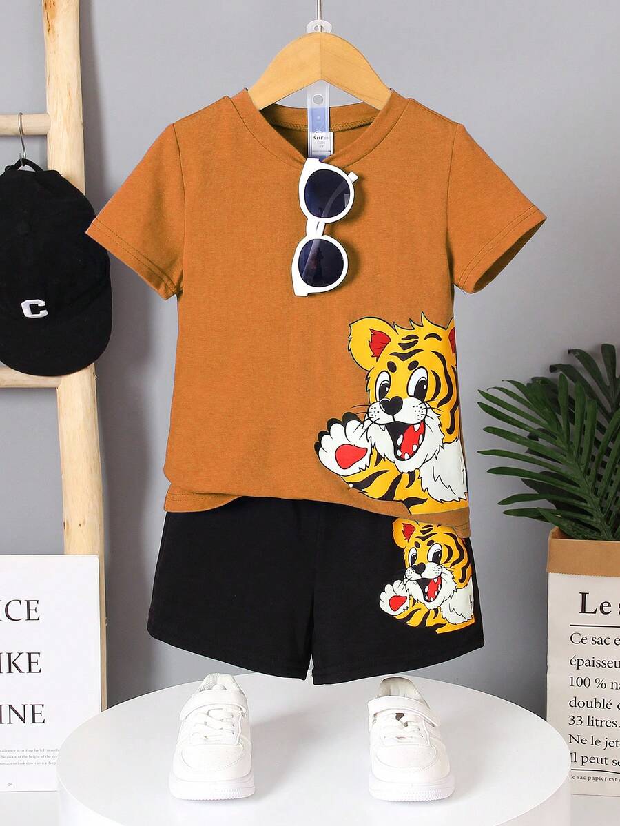 SHEIN 男小童老虎印花T恤和短褲 - 棕色 - 查看 1