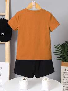 SHEIN 男小童老虎印花T恤和短褲 - 棕色 - 查看 2