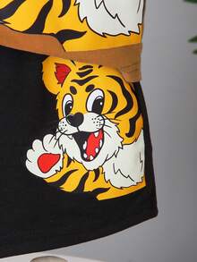 SHEIN 男小童老虎印花T恤和短褲 - 棕色 - 查看 5