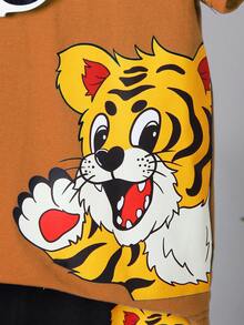 SHEIN 男小童老虎印花T恤和短褲 - 棕色 - 查看 6