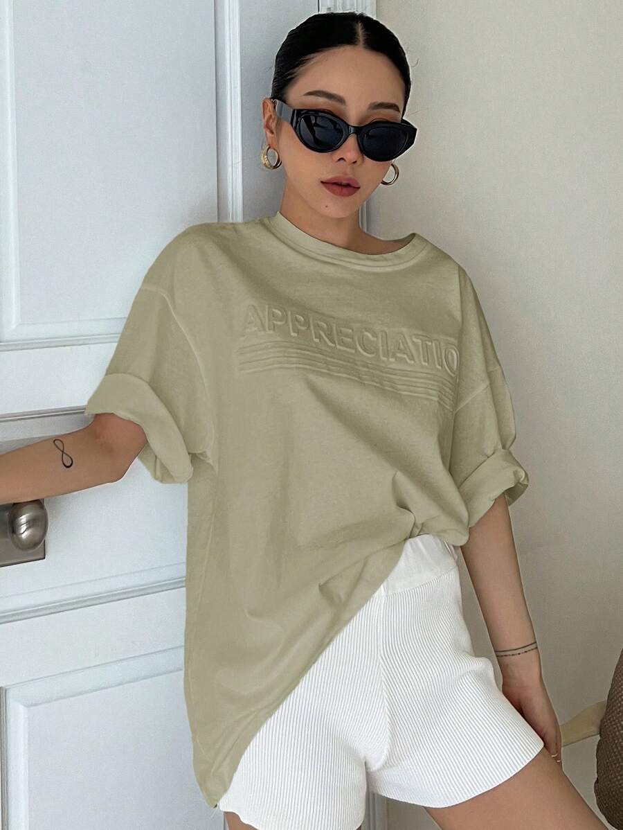 DAZY Camiseta de hombros caídos en relieve de letra - Verde militar - Ver 1