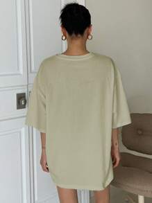 DAZY Camiseta de hombros caídos en relieve de letra - Verde militar - Ver 2