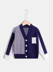 Chico joven Cárdigan con patrón de cheurón de color combinado con parche con bolsillo - azul real - Ver 1