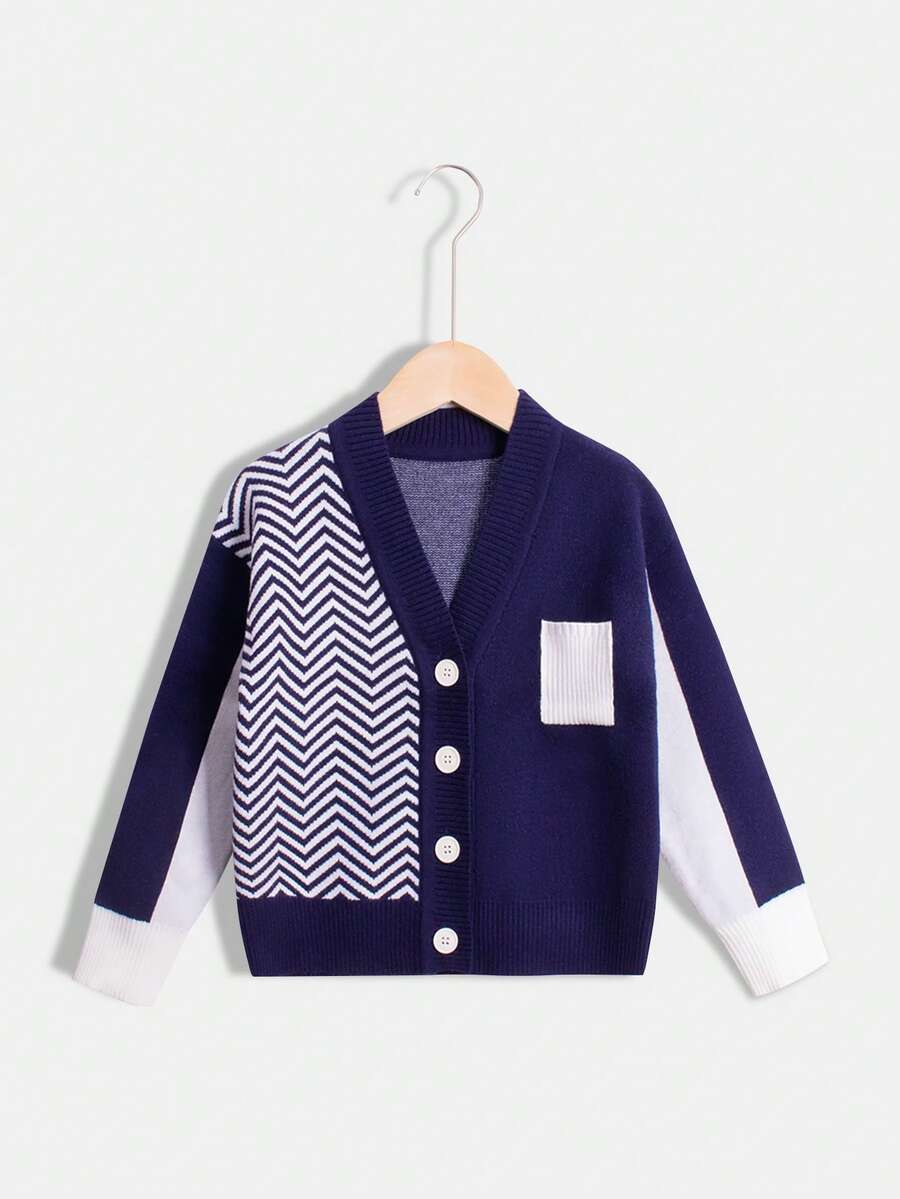 Chico joven Cárdigan con patrón de cheurón de color combinado con parche con bolsillo - azul real - Ver 1