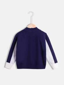 Chico joven Cárdigan con patrón de cheurón de color combinado con parche con bolsillo - azul real - Ver 2